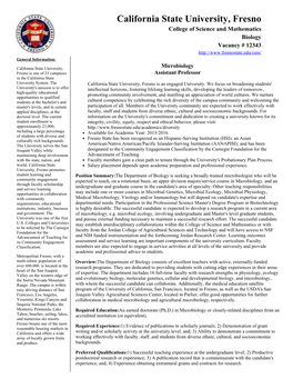 California State University, Fresno College of Science and Mathematics Biology Vacancy # 12343 General Information