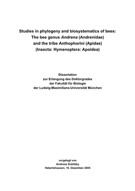 The Bee Genus Andrena (Andrenidae) and the Tribe Anthophorini (Apidae) (Insecta: Hymenoptera: Apoidea)