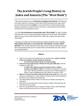 The Jewish People's Long History in Judea and Samaria (The “West Bank”)