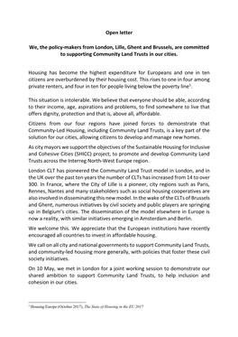 Open Letter We, the Policy-Makers from London, Lille, Ghent and Brussels, Are Committed to Supporting Community Land Trusts in O