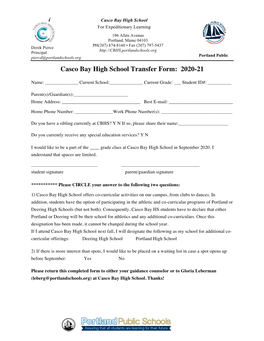 Casco Bay High School Transfer Form: 2020 -21