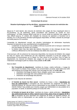 Situation Hydrologique Du Puy-De-Dôme : Ajustement Des Mesures De Restriction Des Usages De L’Eau