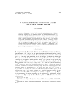 243 a NUMBER-THEORETIC CONJECTURE and ITS IMPLICATION for SET THEORY 1. Motivation It Was Proved In