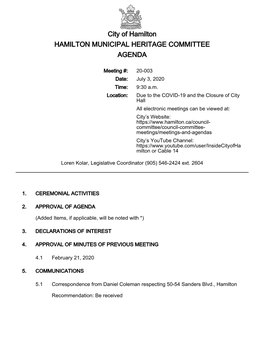 Hamilton Municipal Heritage Committee Agenda Package