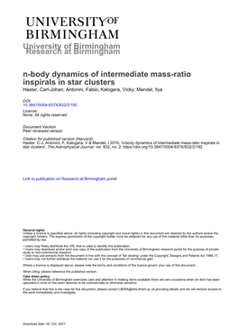 N-Body Dynamics of Intermediate Mass-Ratio Inspirals in Star Clusters Haster, Carl-Johan; Antonini, Fabio; Kalogera, Vicky; Mandel, Ilya