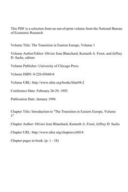 Introduction To" the Transition in Eastern Europe, Volume 1"