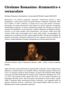 Girolamo Romanino: Drammatico E Vernacolare