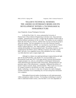 Teller's Technical Nemeses: the American Hydrogen Bomb and Its Development Within a Technological Infrastructure