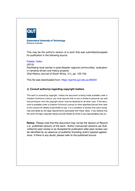 Klaebe, Helen (2013) Facilitating Local Stories in Post-Disaster Regional Communities: Evaluation in Narrative-Driven Oral History Projects