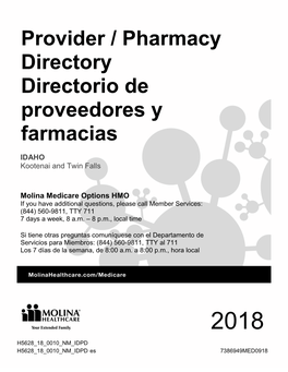 Provider / Pharmacy Directory Directorio De Proveedores Y Farmacias IDAHO Kootenai and Twin Falls