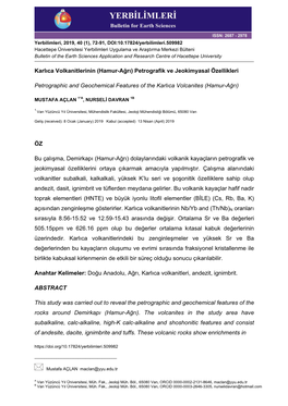 Karlıca Volkanitlerinin (Hamur-Ağrı) Petrografik Ve Jeokimyasal Özellikleri