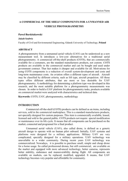 A COMMERCIAL of the SHELF COMPONENTS for a UNMANNED AIR VEHICLE PHOTOGRAMMETRY Pawel Burdziakowski ABSTRACT a Photogrammetry