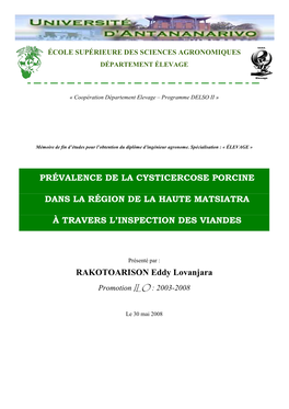 Prévalence De La Cysticercose Porcine Dans La Région De La Haute Matsiatra (2007)