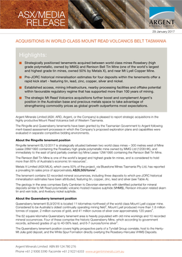 Acquisitions in World Class Mount Read Volcanics Belt Tasmania