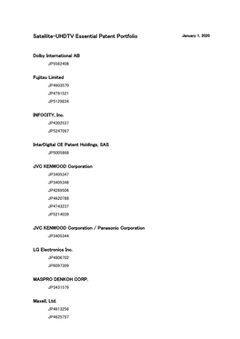 Satellite-UHDTV Essential Patent Portfolio January 1, 2020