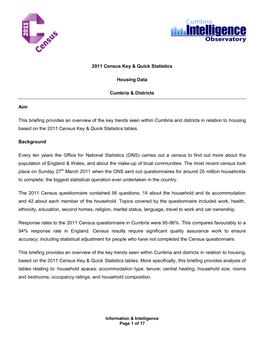 2011 Census Key & Quick Statistics Housing Data Cumbria & Districts