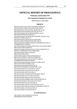 OFFICIAL REPORT of PROCEEDINGS Wednesday, 2Nd December 1970 the Council Met at Half Past Two O'clock [MR PRESIDENT in the Chair]