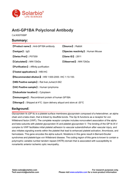 Anti-GP1BA Polyclonal Antibody Cat:K007056P Summary