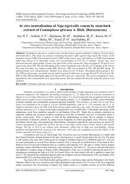 In Vitro Neutralization of Naja Nigricollis Venom by Stem-Bark Extracts of Commiphora Africana A