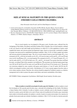 Size at Sexual Maturity in the Queen Conch Strombus Gigas from Colombia