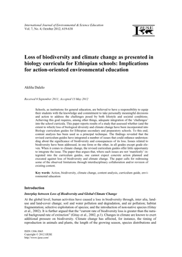 Loss of Biodiversity and Climate Change As Presented in Biology Curricula for Ethiopian Schools: Implications for Action-Oriented Environmental Education