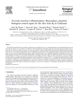 Psyttalia Lounsburyi (Hymenoptera: Braconidae), Potential Biological Control Agent for the Olive Fruit Fly in California