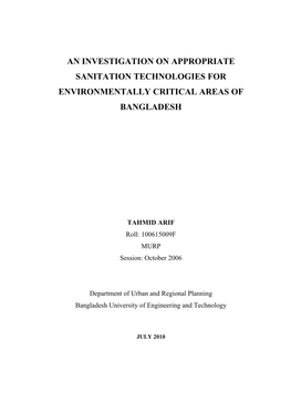 An Investigation on Appropriate Sanitation Technologies for Environmentally Critical Areas of Bangladesh