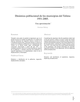 Dinámica Poblacional De Los Municipios Del Tolima 1951-2005