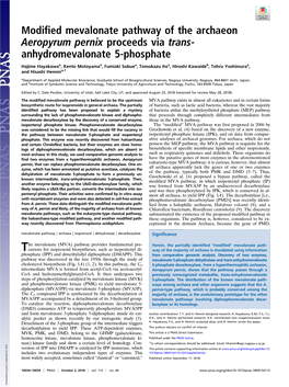 Modified Mevalonate Pathway of the Archaeon Aeropyrum Pernix Proceeds Via Trans- Anhydromevalonate 5-Phosphate