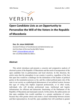 Open Candidate Lists As an Opportunity to Personalize the Will of the Voters in the Republic of Macedonia