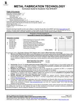 METAL FABRICATION TECHNOLOGY Curriculum Guide for Academic Year 2016-2017