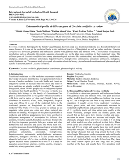 Ethnomedical Profile of Different Parts of Coccinia Cordifolia: a Review