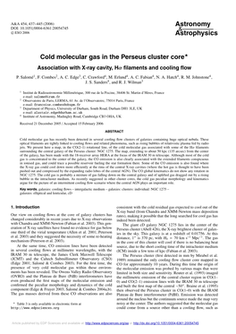 Cold Molecular Gas in the Perseus Cluster Core� Association with X-Ray Cavity, Hα ﬁlaments and Cooling ﬂow