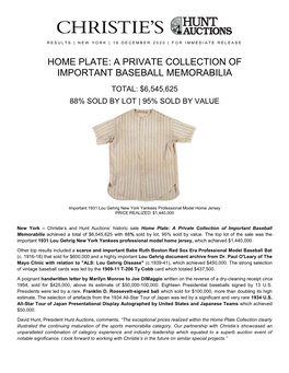 Home Plate: a Private Collection of Important Baseball Memorabilia