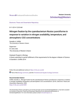 Nitrogen Fixation by the Cyanobacterium Nostoc Punctiforme in Response to Variation in Nitrogen Availability, Temperature, and Atmospheric CO2 Concentrations" (2014)