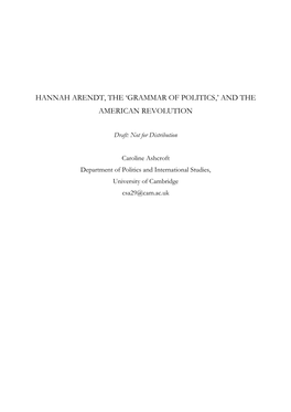 Hannah Arendt, the 'Grammar of Politics,' and the American Revolution