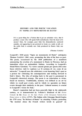 Leopardi's 1818 Poem "Sopra Un Monumento Di Dante" Anticipates Thomas Carlyle's 1841 Essay, Promoting the Idea of the Hero As Poet