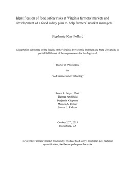 Identification of Food Safety Risks at Virginia Farmers' Markets and Development of a Food Safety Plan to Help Farmers’ Market Managers