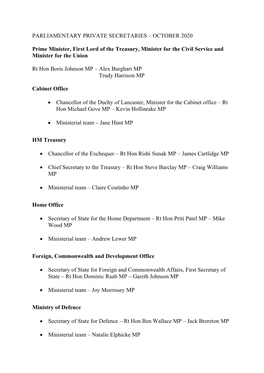 Parliamentary Private Secretaries: October 2020