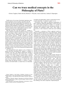 Can We Trace Medical Concepts in the Philosophy of Plato? Christos Tsagkaris, Marko Dorosh, Dimitrios V