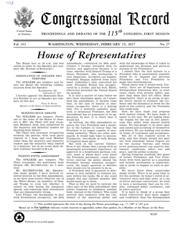 Congressional Record United States Th of America PROCEEDINGS and DEBATES of the 115 CONGRESS, FIRST SESSION