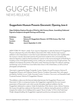 Guggenheim Museum Presents Giacometti, Opening June 8