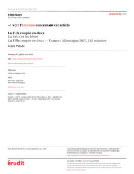 La Fille Coupée En Deux La Belle Et Les Bêtes La Fille Coupée En Deux — France / Allemagne 2007, 115 Minutes Claire Valade