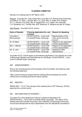 No. 1 PLANNING COMMITTEE Minutes of a Meeting Held on 28