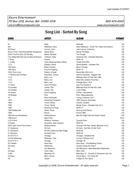 Song List - Sorted by Song