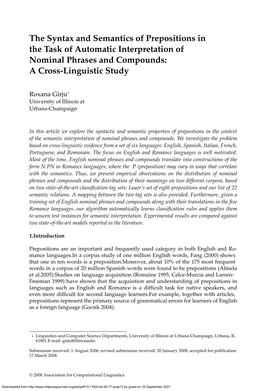 The Syntax and Semantics of Prepositions in the Task of Automatic Interpretation of Nominal Phrases and Compounds: a Cross-Linguistic Study