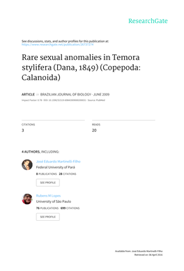 Rare Sexual Anomalies in Temora Stylifera (Dana, 1849) (Copepoda: Calanoida)