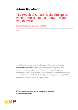 Adam Barabasz the Polish Elections to the European Parliament in 2014 As Shown in the Polish Press