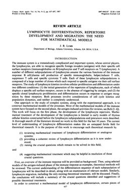 Review Article Lymphocyte Differentiation, Repertoire Development and Migration: the Need for Mathematical Models