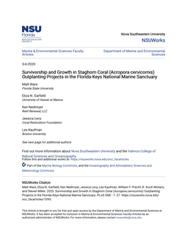 Acropora Cervicornis) Outplanting Projects in the Florida Keys National Marine Sanctuary